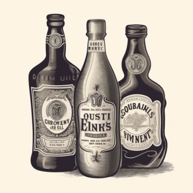 black and white block print style illustration clip art of irish whiskey and irish cream