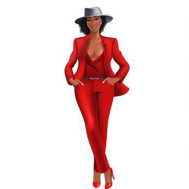 African american women wearing red suit and fedora hat Boss lady clipart modern fashion style anatomically correct realistic isolated white background