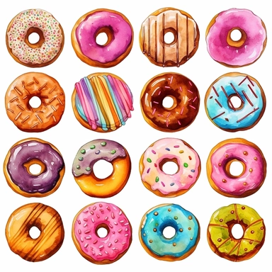 Watercolor donuts, illustrations clipart set, simple, soft colors, cartoon elements, different variants, bread from around the world, wooden elemnts, separate elements with a margin