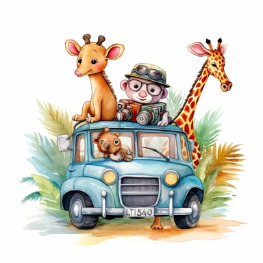 Cute Animal Friends Safari Watercolor clipart on car