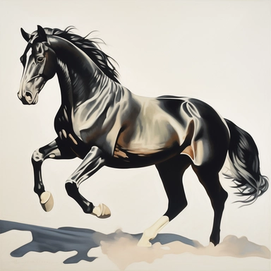 watercolor for a clipart with a white background of a galloping black horse, hyperrealism, painted by r. kenton nelson