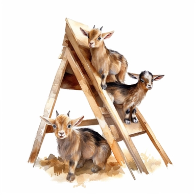 baby dwarf Nigerian goats playing on the A-frame, very detailed and realistic, watercolor, white background with margins, clipart style