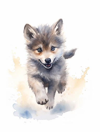 cute happy grey wolf cub running, pastel watercolor, clipart, solid background