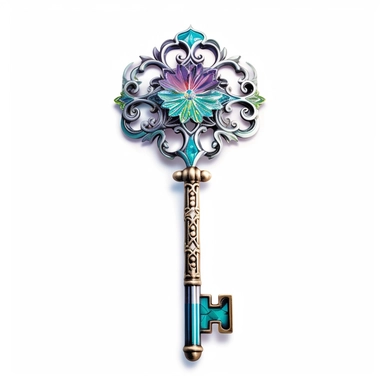 A mesmerizing clipart showcasing a legendary fairy tale tool: a shimmering and ornate key of wondrous proportions. The key should possess intricate details, such as delicate engravings depicting mythical creatures or symbols of magic. Its handle should be crafted from a rare and iridescent material, radiating an ethereal glow. The teeth of the key should be intricate and unique, as if they hold the secrets to unlocking mystical realms. Place the key against a pristine white background.