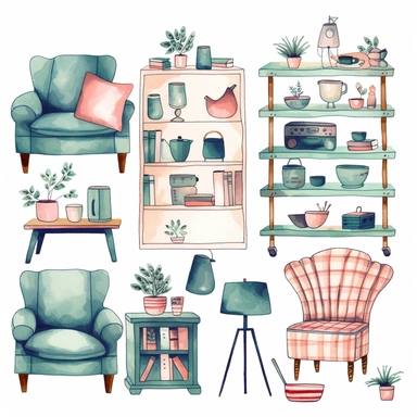 clipart furniture watercolor flat color simple lines cute cartoon white background