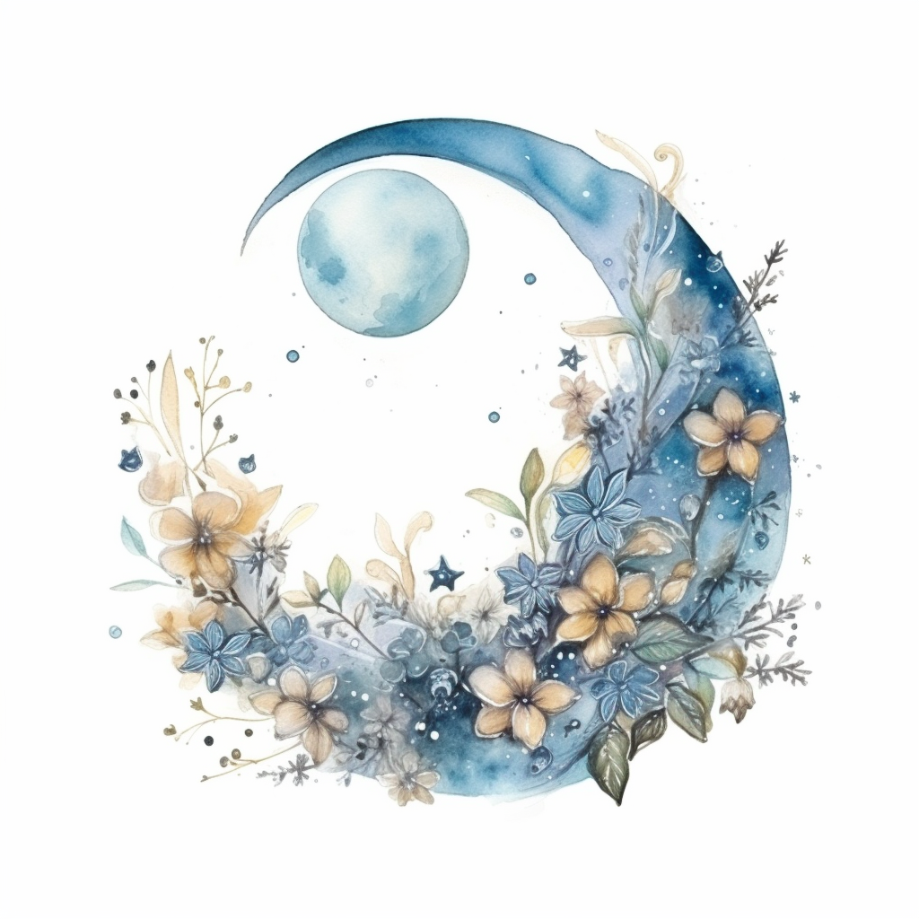 complex watercolor illustration of floral magical moon and stars ...