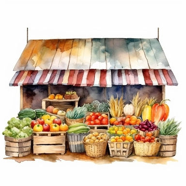 watercolor colorful clipart of a bountiful farmer's market, hd, on white background