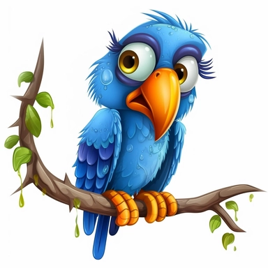 a cartoon like blue parrot with an orange beak, big blue eyes, full body, full of blue feathers,sitting on a branch in a tree, looking sad, upset, crying, unhappy, children book style illustration, clipart style, HD, highly detailed, no watermark –ar 3:2 634894548