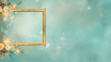 a simple gorgeous aesthetic vintage gold diamond-shape picture frame with minimal flowers border around outside the frame on soft turquoise background clipart, watercolor painting realistic, high quality, vibrant, Vicente Romero Redondo, Willem van Aelst