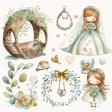 wedding rings tied with a ribbon , cute wedding illustrations clipart set, ILLUSTRATIONS FOR THE BOOK, cartoon elements, different variants, girl with long hair in a wedding veil, wedding, husband and wife Love , Hearts balloons , veil, garland, wooden elements, sit on a bench , on the car, white transparent background separate elements with a margin Watercolor