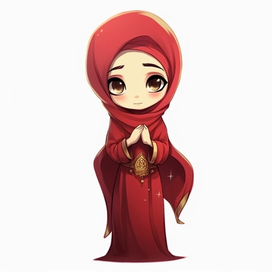 Comfy elvish chibi goddess, hijab, no hair reveal, grunge aesthetic, eid, wallpaper tall , long red dress, heels, a gold bracelet on right hand, rich color, clipart