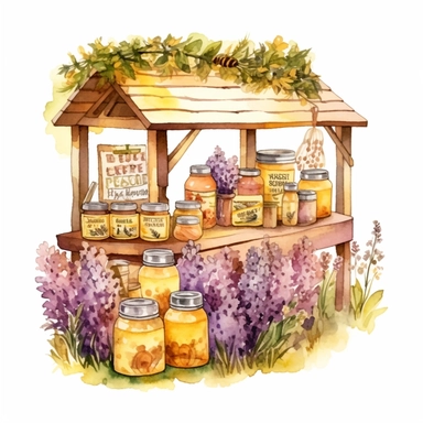 hand drawn honey stand, honey for sale, flowers and grass, shades of yellow and purple, very detailed, very realistic, watercolor, clipart style white background with margins