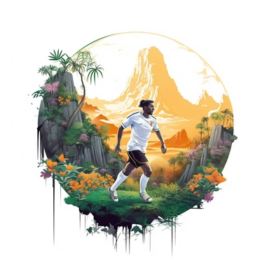 white background, football player with ball on foot, closeup, sticker, artwork of t shirt graphic of majestic forest, in digital painting style , beautiful flowers, sunset mountains and clouds , big vines, stone temple covered in vines , plants surround, highly detailed clean, vector image, photorealistic masterpiece, professional photography, realistic, flat white background, isometric, vibrant vector, clipart, illustration, realism, 4k, , cinematic, front view, paradise, extremely white backgr