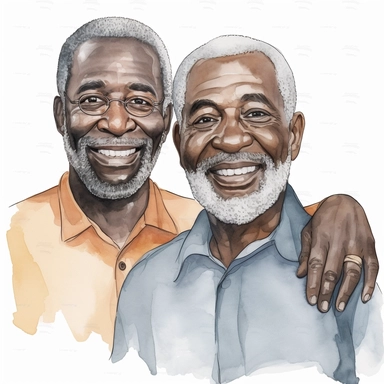 black, African american father older with grey hair and adult grown children Beautiful smile clipart, watercolor style, hyper realistic, detailed, white background