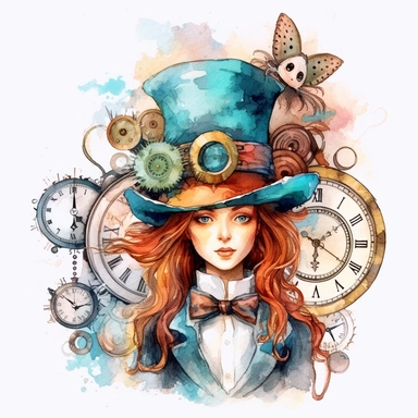 An alice in wonderland character , watercolor steampunk style, white background, clipart