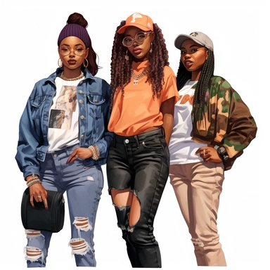 black, African American girls wearing 1990’s style urban streetwear clipart, watercolor style, hyper realistic, detailed, white background
