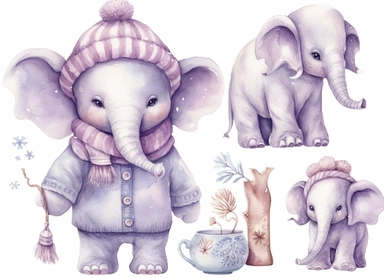 watercolor cute little baby elephant wearing pajamas and a hat, in the style of light silver and light purple, victorian-inspired illustrations, nature-inspired pieces, 5 sets of clipart playful compositions, plush doll art, high resolution, isolated on a white background