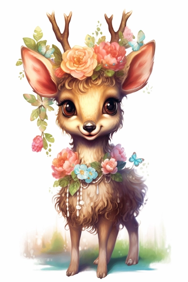 cartoon miniature squishy fey deer with flowers on her dress clipart, in the style of glitter, dreamy watercolor scenes, victorina durán, david nordahl, party kei, cottagepunk, skottie young, on white bqckground