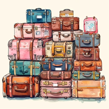 watercolor, Set of traveler's suitcases and accessories on colorful background png Full body realistic cartoon in 32K UHD cute. 15 cm thick outline. Black color. There was no shadow on the ground. 8k with realistic watercolors and detailed illustrations. PNG clipart, transparent white background