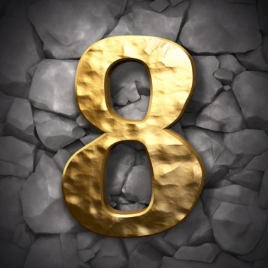 clipart illustration, realistic, gold-colored number 8, gray rock background,