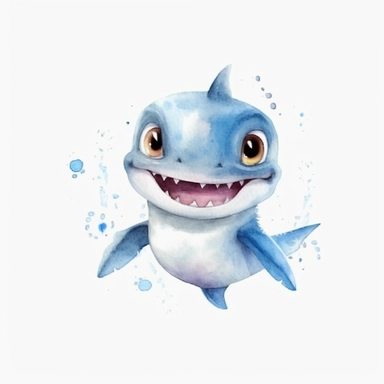 an animated baby shark clipart with watercolor illustration,full body shot,8k,etsy style, white background