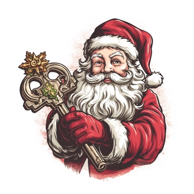 Create a clipart image on a solid white background of Santa Claus, dressed in his red suit, holding a gleaming magic key. Let his jolly expression and twinkling eyes convey the excitement and wonder of the holiday season. Capture the whimsical details of the key, adorned with stars and enigmatic engravings. Santa's hand should hold the key with care, as if it holds the power to unlock the joy and magic of Christmas in every home.