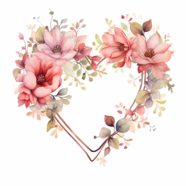 Enchanting watercolor depiction of a pink flower bouquet, captured from a close-up angle, presented within a heart-shaped frame adorned with delicate vines and leaves, symbolizing the intertwining of love, nature, and the beauty that blossoms when hearts and flowers align, clipart on a clean white background.