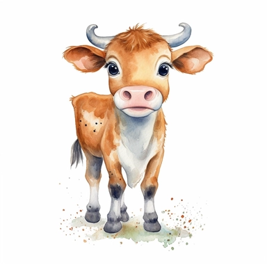 Full-length illustration of adorable cow, clip art, digital art, HD, white background, watercolor, clear liner