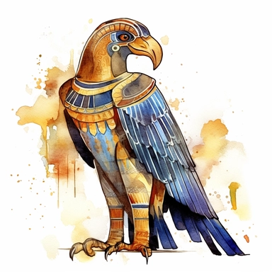 Ancient Egyptian Ra Falcon headed God figure with watercolor effect,suitable for digital clipart,white background,ancient Egypt scene,gold details