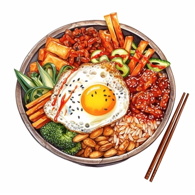 watercolor, hyper realistic, white background, white margins, 16k, ultra detailed clipart, cut out image, hand-drawn a Korean bibimbap bowl with a colorful assortment of vegetables, beef, and fried egg on top of a bed of rice, and a side of gochujang sauce and kimchi. in the style of anime art, frostpunk, photo-realistic drawings, villagecore, lively and energetic, high quality, anime