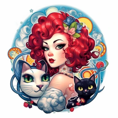 design cover tattoed junko mizuno, marvel,paint style, pin up 50's style,clipart,white background