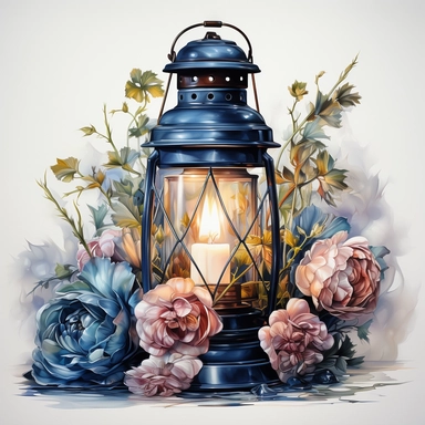 hyperrealistic ultra detailed watercolor clipart, floral fantasy lantern with a candle lit, white background, in the style of digital print, clipart, illustration, sticker, ultra high definition, rich details, 32K, HD