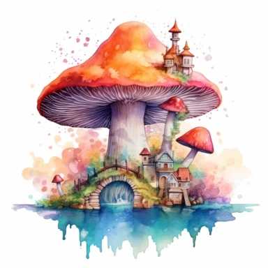 watercolor, a fantastical painting of a psychedelic mushroom kingdom, where the mushrooms have taken over the world and created a magical, surreal landscape, clipart, white background