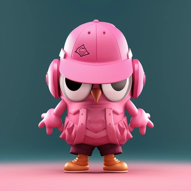 please create pixar style character clipart of an owl dressed like a pink rapper, back view with arms flexing, head front view