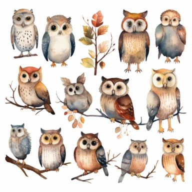 Woodland Animals Clipart Watercolor owls,multiple poses,no background