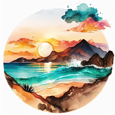 Watercolor sunset summer clipart, landscape capturing the serenity of a tropical beach, where turquoise waves meet the sandy shore, surrounded by majestic mountains rising in the distance, white background