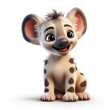 pixar style cute baby hyena clipart on white background, smiling, full body