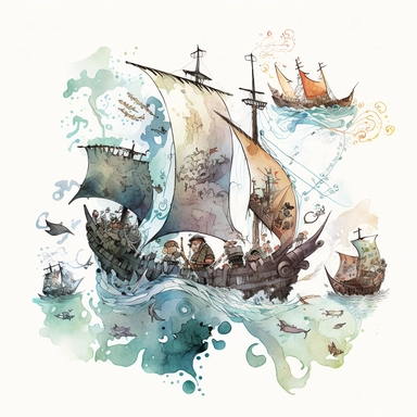 An evocative illustration featuring a collection of boats and ships sailing across a vast ocean, each crewed by a group of brave dwarves armed with crossbows and runes, their magical armor and weapons shimmering in the sunlight, evoking a sense of danger and adventure on the high seas, Illustration created using watercolor and ink on paper, clipart, white background 1:1 v 5