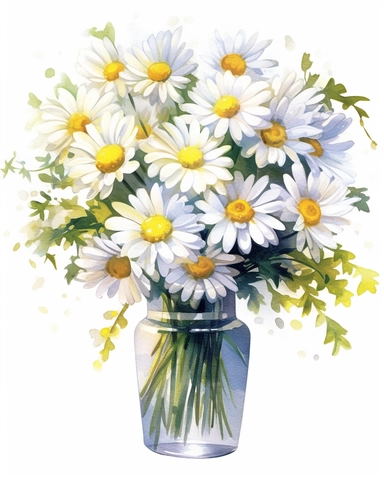 detailed vibrant watercolor bouquet of white daisy flower in glass vase with water on white space , isolated on white background, realistic, clipart