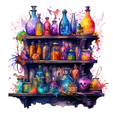 Witches PotionShelf Watercolor dreamy Clipart, pastel-core purple turquoise blue orange red yellow Magical Mystical Art, Fantasy Clipart, Witchcraft Potion many details style of Demizu Posuka no people