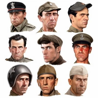a clipart gallery of the faces of german soldiers from world war 2, wehrmacht, helmets, photo realistic, white background, grim and stern face, in the style of a caricature, oil painting, 3/4 angle