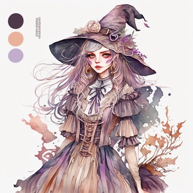 Clipart, beautifull witch, in watercolor, in the style of artgerm, soft and dreamy tones of pastel colors, detailed costumes and fashion, sheet film, uhd image, free brushwork, transparent/translucent medium, Nita Engle, Anne Kullberg, Yee Chong, Larissa Ria Loomans, charming character illustrations, white solid background