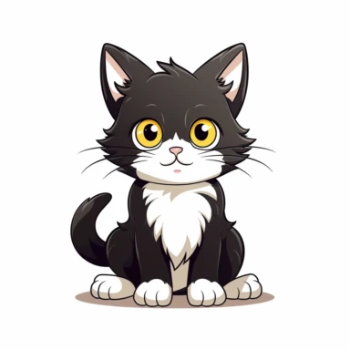 cute cartoon cat, black and white cat, black face with a little bit white by mouth, a lot of white on chest, white paws, black legs, yellow eyes, full body sitting, white background, clip art, vector graphic