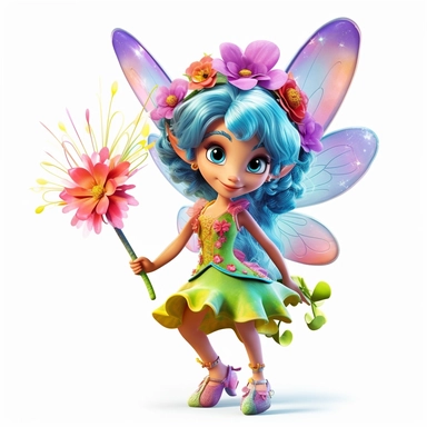 A 3D brightly colored cartoon character design of a tiny fairy with butterfly wings, wearing a flower dress, and a wand, with high detail, clipart stickers
