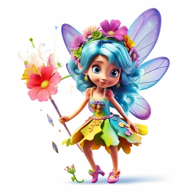 A 3D brightly colored cartoon character design of a tiny fairy with butterfly wings, wearing a flower dress, and a wand, with high detail, clipart stickers