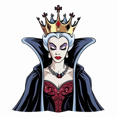 2d partially lined clipart illustration of an evil but beautiful queen, in the style of 1959's sleeping beauty movie, white background