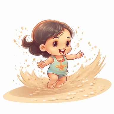 cute baby girl throwing sand at the beach, summer time clipart