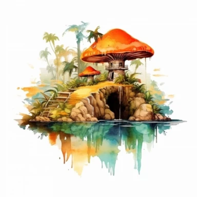 watercolor orange mushroom house on a paradise island with a river on digital clipart on white background