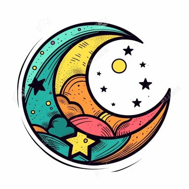 very simple yet funky clipart comic image of a 60s style colorful quarter moon on a white background