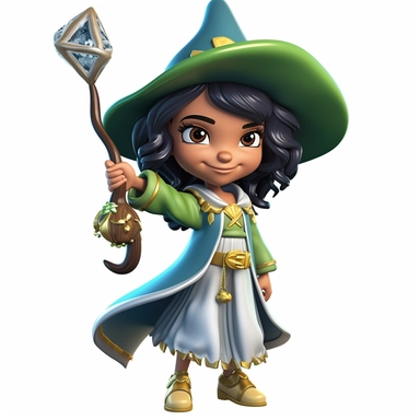 cute semi-realistic 3d Brazilian girl wizard clipart, isolated on white background